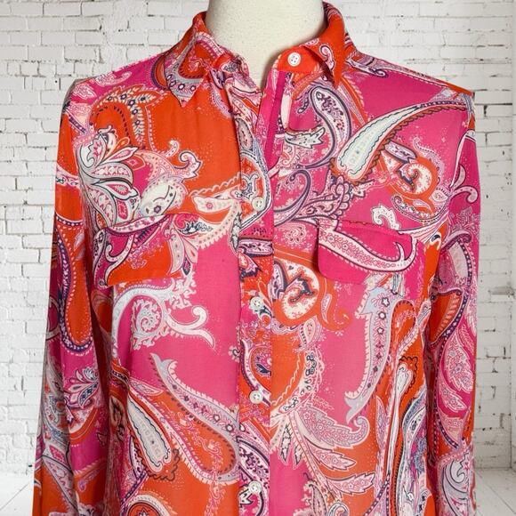 Chico’s Shirt Coral Paisley Button Up Blouse Sz 8 Opaque Bohemian Preppy Pockets - Picture 4 of 8